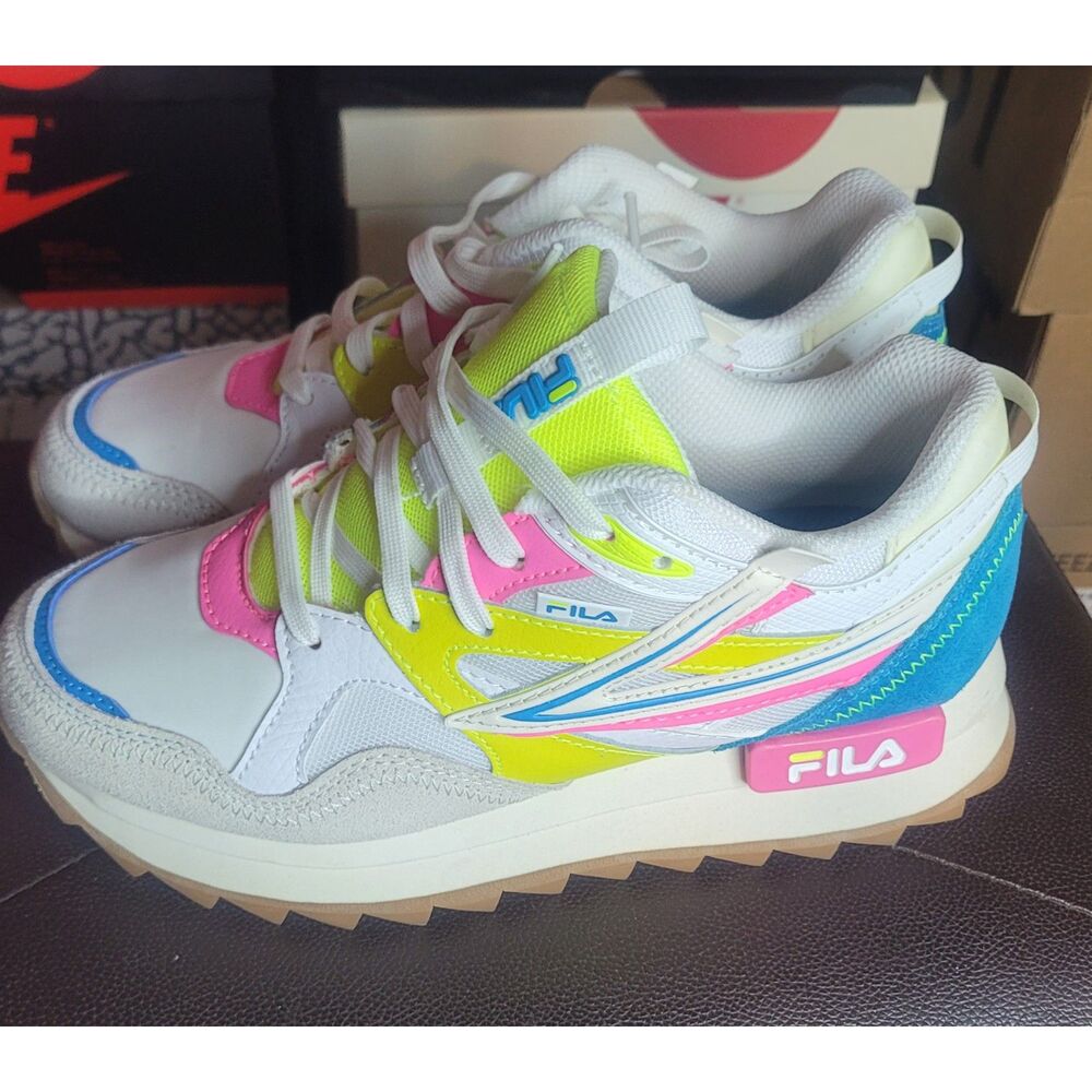 FILA Sandenal Orbit Women's Size 7 White Neon Pink Blue Sneakers New w/ Box